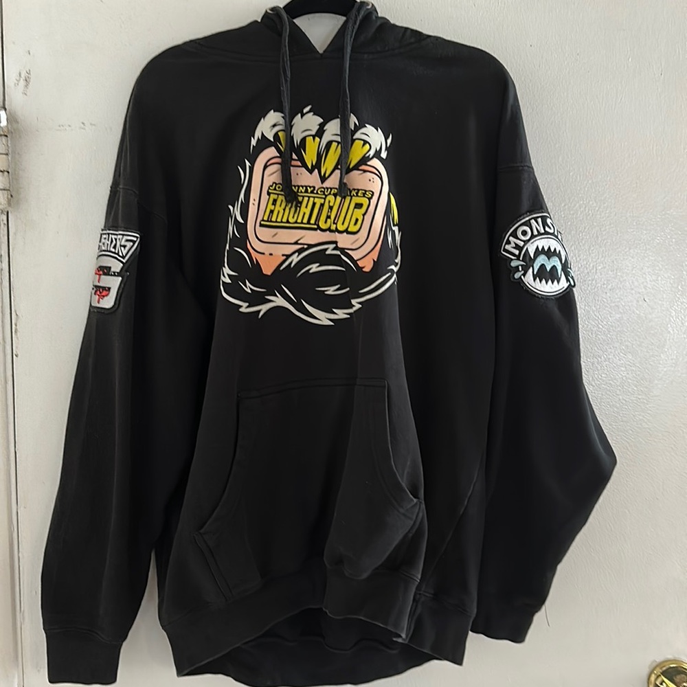 Johnny cupcakes, fright club sweater with sewn on patches